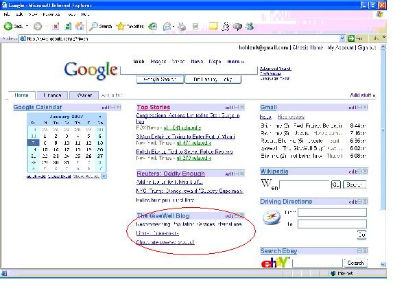 Google personalized homepage with GiveWell feed