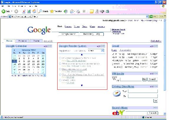 Google personalized homepage with Google reader widget