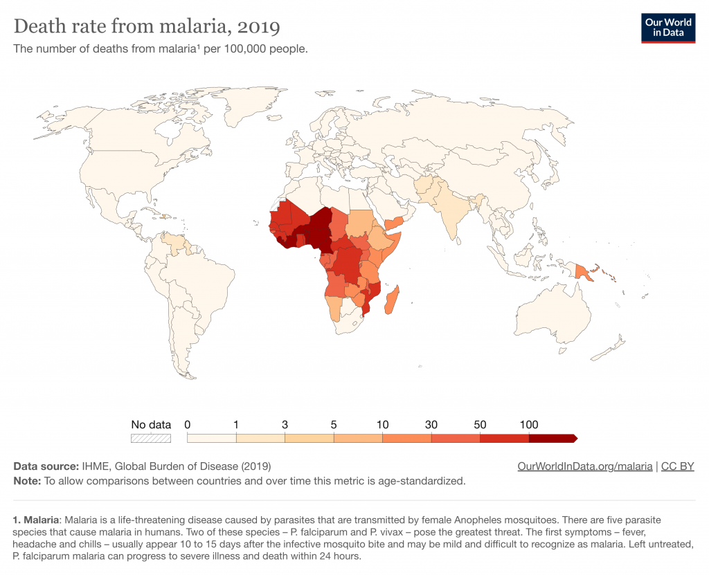 A map of the world showing the number of deaths from malaria per 100,000 people by country