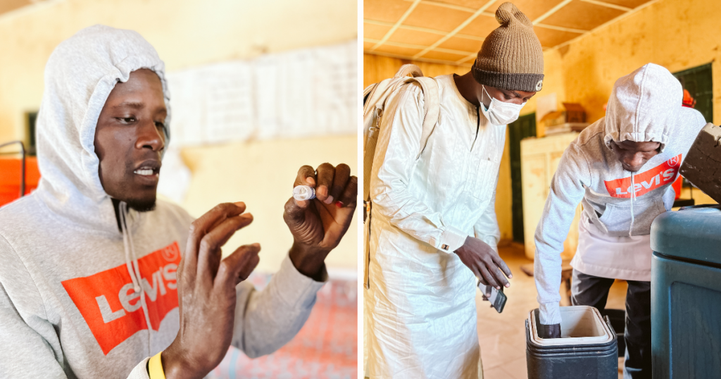 Two images. In lefthand image, a man inspects a vaccine vial. In righthand image, two men look into a cooler.