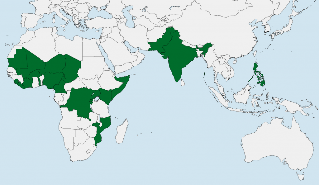 Map of Africa, Asia, and Oceania, with highlighted countries where GiveWell has recommended grants in the past 12 months.