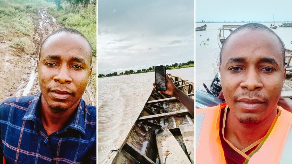 Three photos side by side. The center image is from a boat in a river. The images on each side are selfies of New Incentives field officer Sanusi