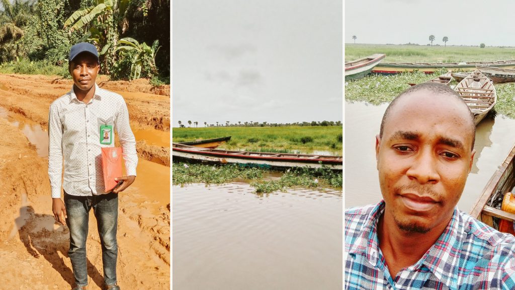 Three photos side by side. The center image is shows a boat along a riverbank, with a grassy area behind it. The image on the left is of New Incentives field officer Sanusi standing on a muddy road. The image on the right is a selfie of Sanusi with a river and grassy area behind him.